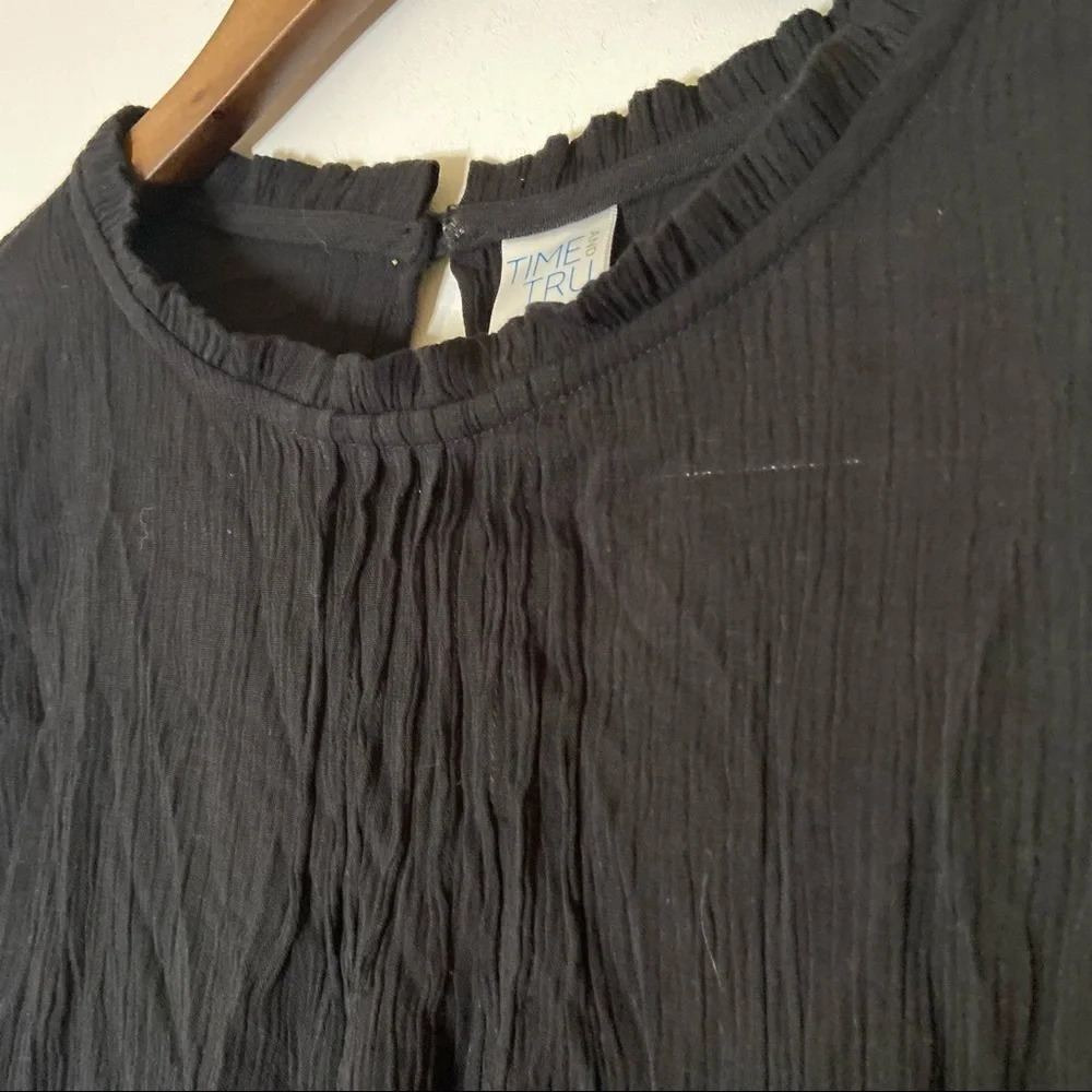 Embroidered Gauzy Blouse Small Black High Neck Ruffle Lace Trim Boho Feminine - Picture 5 of 10